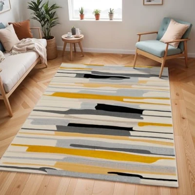 Abbildung von Surya Atlanta Teppich Läufer Wohnzimmer, Esszimmer, Flur Moderne Boho Geometrisches Muster Weicher Skandinavisch Orange, Anthrazit, Hellgrau, Senf, Beige 80x220cm