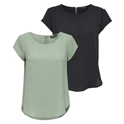 Abbildung von ONLY Damen ONLVIC S/S SOLID 2 Pack TOP WVN, Black/Desert SAGE, 34