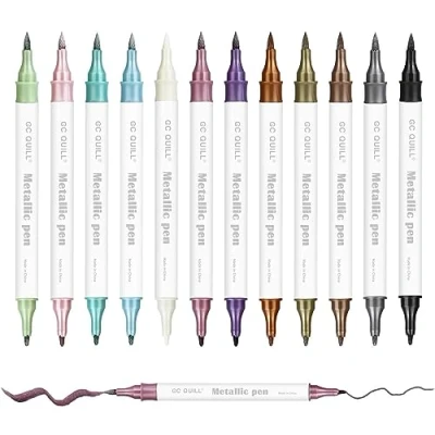 Abbildung von GC QUILL 12 Farben Metallischen Stift Pens, Doppelseitig handlettering pinselstifte Set für DIY Fotoalbum, Hochzeit Papier,Scrapbook,Stein, Keramik,Glas MLP12