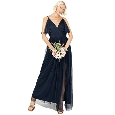 Abbildung von Anaya with Love Damen Ladies Women Dress Maxi Short Sleeve Cami V Neckline Long Length Empire Waist Bridesmaid Wedding Guest Prom Kleid, Navy Blue, 44