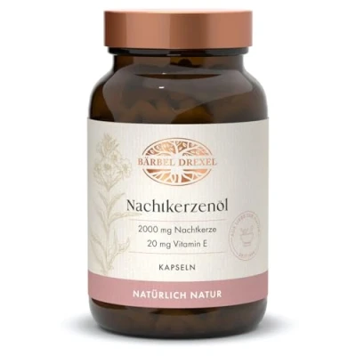 Abbildung von Nachtkerzenöl Kapseln Vegan 2000 mg pro Tagesdosis (120 Stk) 100% Natur Herstellung in Deutschland, Trockene Haut, Hautpflege von innen, Vitamin E Gamma Linolensäure GLA Kaltgepresst BÄRBEL DREXEL®