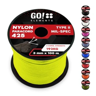 Abbildung von GO!elements 100m Paracord Seil aus reißfestem Nylon 3mm 425 Typ II max. 192kg Schnüre als Outdoor Seil, Allzweckseil, Survival Armband, Hundeleine, Nylonschnur, Farbe:Neon
