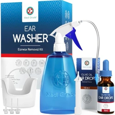 Abbildung von Ohrenreiniger zur Entfernung von Ohrenschmalz, Ohrreiniger mit 300 ml Flasche + 10ml Olivenöl Ohrentropfen, Komplettes Ohrspülungsset Medi Grade