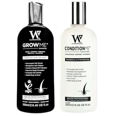 Abbildung von Haarwuchs Shampoo, Conditioner Watermans, Biotin, Arganöl, Allantoin, Rosmarin, Niacinamid B3, Lupinenprotein mit vielen anderen Vitaminen für das Haarwachstum.