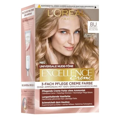 Abbildung von L&#039;Oréal Paris Permanente Haarfarbe für jeden Hautton, Coloration ohne Ammoniak, Universale Nude Töne mit vollständiger Grauhaarabdeckung, Excellence Creme, Nr. 8U Hellblond (Blond), 1 Stück