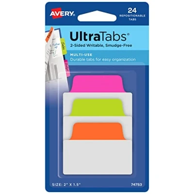Abbildung von AVERY Zweckform Art. 74753 Haftstreifen transparent/neon (24 Haftnotizen, 50,8x38,1mm, beschreibbare Index Tabs Folie, ablösbare Klebezettel, Page Marker, Sticky Notes, Klebemarkierungen)
