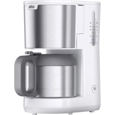 Abbildung von Braun PurShine KF1505 WH Filterkaffeemaschine, 1,2L Edelstahl Thermokanne für bis zu 9 Tassen, OptiBrew System, Tropf Stopp Funktion, schwenkbarer Filterkorb, Automatische Abschaltung, 1000W, Weiß
