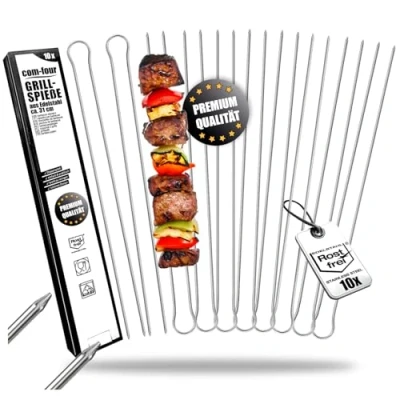 Abbildung von com four® 10x Grillspieße mit Griff 31 cm BBQ Doppelspieß aus rostfreiem Edelstahl 430 Schaschlikspiesse Doppelzinken zum Fixieren von Fleisch, Fisch, Gemüse (10 Stück rund)
