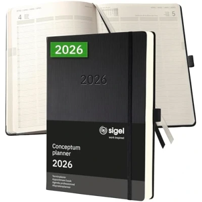 Abbildung von SIGEL C2604 Planungsbuch XXL, Terminkalender 2026, A4+, 1 Tag = Seite, für 4 Personen, schwarz, Hardcover, 480 Seiten, Gummiband, Stiftschlaufe, Archivtasche, Kalenderbuch Conceptum