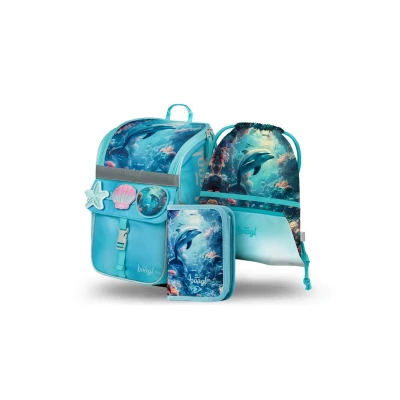 Abbildung von Baagl Schulranzen Mädchen Set 3 Teilig (Zippy Schultasche für 1. Klasse, Mäppchen, Turnbeutel), Grundschule Ranzen Tornister mit Brustgurt, Ergonomischer Schulrucksack, 18 l (Delfin)