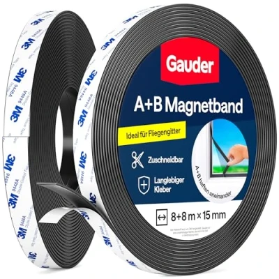 Abbildung von GAUDER A+B Magnetband für Fliegengitter &amp; Moskitonetze Selbstklebende Magnetstreifen mit starker gegenseitiger Anziehung Magnetklebeband Gegenstück starkem Kleber (8+8 m)