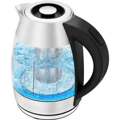 Abbildung von Chefman Elektrischer Wasserkocher Glas mit Teesieb, 1.8 Liter, LED Anzeige, Abnehmbarer Deckel für Leichtes Reinigen, Abschaltautomatik und Austrocknungsschutz, BPA Frei, 2200 Watt, Edelstahl