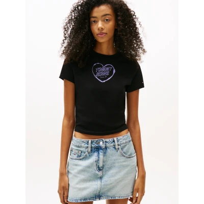 Abbildung von Tommy Jeans SLIM Heart TEE Tshirt print, Damen, Größe: 32, Black