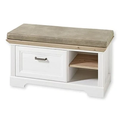 Abbildung von Stella Trading JASMIN Schuhbank mit Sitzfläche in Pinie hell, Artisan Eiche Optik Landhausstil Sitzbank gepolstert Stauraum für Flur und Garderobe 93 x 49 41 cm (B/H/T)