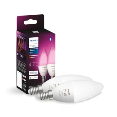 Abbildung von Philips Hue White &amp; Color Ambiance E14 LED Lampen 2 er Pack (470 lm), dimmbare Leuchtmittel für das Lichtsystem mit 16 Mio. Farben, smarte Lichtsteuerung über Sprache und App