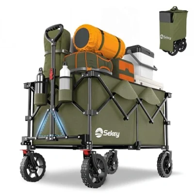 Abbildung von Sekey XXL Plus Bollerwagen Faltbar 200L 200KG Tragkraft, Faltbarer Geländetauglich mit Bremsen, Handwagen Patentiert Klappbar aus Vier Richtungen, PlusG 4010, Olivgrün