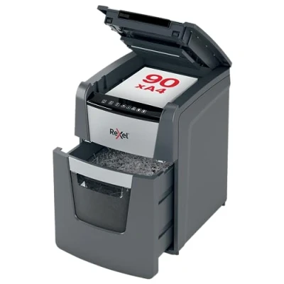 Abbildung von Rexel Optimum AutoFeed+ 90X Automatischer Aktenvernichter, 90 Blatt automatisch, Sicherheitsstufe P4, Partikelschnitt, für Zuhause / Home Office, 34 Liter Abfallbehälter, 2020090XEU