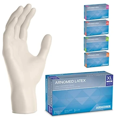 Abbildung von ARNOMED 100x Einweghandschuhe XL, Latexhandschuhe Weiß (1x100 Stück), puderfrei, Handschuhe Latex Einweg, Putzhandschuhe, Handschuhe, Einmal /Einweg XS, S, M, L &amp; XL