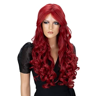 Abbildung von CAISHA 80cm Extra Langhaarige Perücke Voluminös Cosplay Party Wig Weinrot CP2