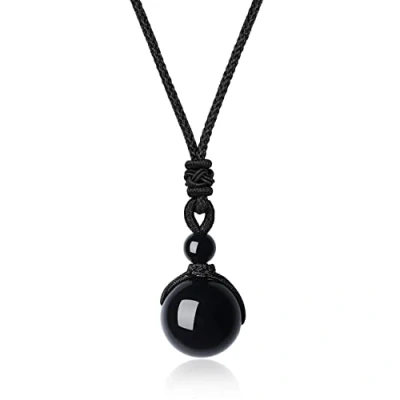 Abbildung von COAI Unisex Edelstein Obsidian Perle Anhänger Glückskette Verstellbare Halskette