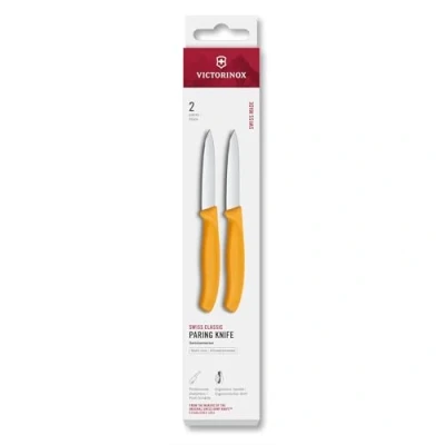 Abbildung von Victorinox Swiss Classic, Schäl und Gemüsemesser Set, 2teilig, Extra Scharfe Klinge, Gerader Schliff für Präzise Schnitte, 8 cm, Rostfreier Stahl, Gelb