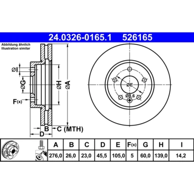 Abbildung von ATE PowerDisc 24.0326 0165.1 Bremsscheibe 276,0 26,0 5 105,0 Belüftet beschichtet mit Schrauben OPEL: Astra J Sports Tourer, Hatchback
