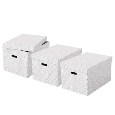 Abbildung von Esselte 3er Set große Aufbewahrungs &amp; Geschenkboxen mit Deckel, Schachteln für Wohnung/Büro Organisationszwecke, 100% recycelter Karton, recycelbar, geometrische Designs, Weiß, 628286