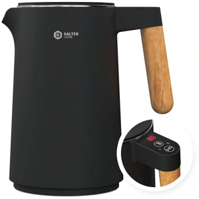 Abbildung von BALTER Edelstahl Wasserkocher mit Temperatureinstellung, 45C 100C, Doppelwand, BPA frei, leise &amp; kabellos, Warmhaltefunktion, Teekocher Temperaturanzeige, 1.5L, 2200W, Schwarz