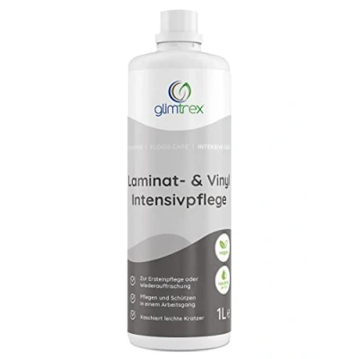 Abbildung von glimtrex Laminat Pflege &amp; Vinyl Pflegemittel (1,0l) Intensivpflege für reduzierte Abnutzung auch anwendbar als Bodenpflege PVC PU kaschiert leichte Kratzer