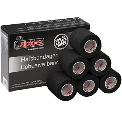 Abbildung von ALPIDEX 6 Rollen Haftbandage 5 cm x 4.5 m Selbstklebender Verband Pet Bandagen Fixierband Sport Vet Wrap Tape Selbsthaftend, Farbe:schwarz