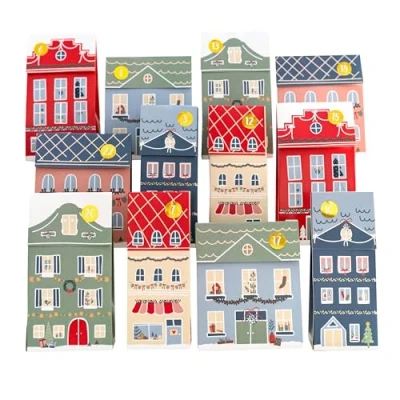 Abbildung von Papierdrachen Weihnachtsstadt Adventskalender pastell Faltschachtel Häuschen Advent Weihnachtsdekoration zum selbst Basteln und Befüllen für Erwachsene Kinder Set 01