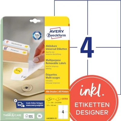 Abbildung von AVERY Zweckform L6028REV 25 Universal Etiketten (100 plus 20 Klebeetiketten extra, 105x148mm auf A4, wieder rückstandsfrei ablösbar/abziehbar, bedruckbar, selbstklebende Aufkleber) 30 Blatt, weiß