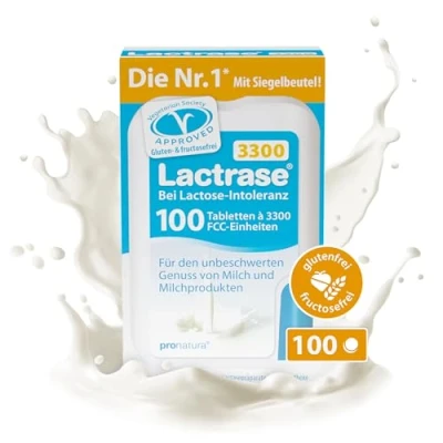 Abbildung von pro natura Lactrase 3300 100 Lactase Tabletten bei Lactose Intoleranz, für den unbeschwerten Genuss von Milch und Milchprodukten