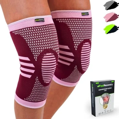 Abbildung von Feel Recovery 2 Stück Kniebandage für Herren &amp; Damen Kompression Kniestütze Sport Knieschmerzen Arthrose Meniskus Atmungsaktiv Rutschfest (L, Bordeaux)