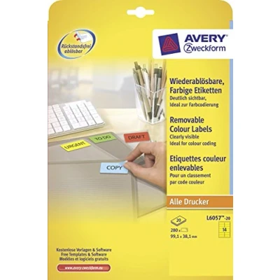 Abbildung von Avery Zweckform L6057 20 Etiketten 99,1x38,1 mm, Bögen, gelb