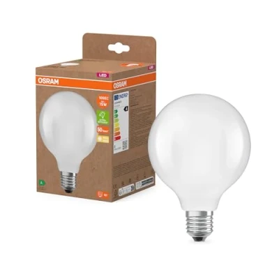 Abbildung von Osram LED Lampe in klassischer Globeform, mit dekorativem Filament im Frosted Design, Energieeffizienzklasse A, E27, 5 W, 1055 lm, 2700 K, warmweiß. Ohne Aufwärmen, sofort 100% Licht