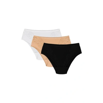 Abbildung von Wolbar Damen Maxi Slip Mit Spitzeneinsatz 3 Er Pack Komfortabel Elegant Unterwäsche WB51, Beige Weiß Schwarz,M