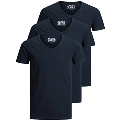 Abbildung von Jack and Jones Herren T Shirt Basic V Ausschnitt 3er Pack Einfarbig Slim Fit in Weiß Schwarz Blau Grau