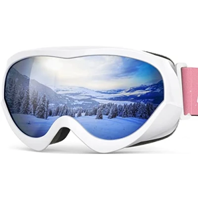 Abbildung von OutdoorMaster Kinder Skibrille Helmkompatible Schneebrille für Jungen &amp; Mädchen mit 100% UV Schutz VLT 10% Weißer Rahmen Graue Linse