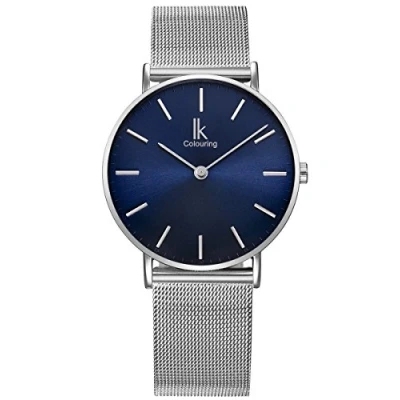 Abbildung von Alienwork Navy Blue Armbanduhr Herren Damen Silber Metall Mesh Armband Edelstahl Blau Ultra flach