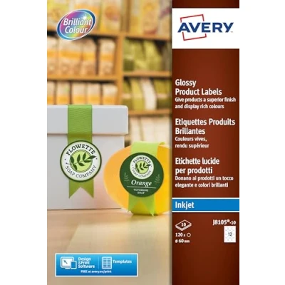 Abbildung von Avery J8105 10 Runde Etiketten für Tintenstrahldrucker Papier Durchmesser 60 mm 120 Stück Weiß
