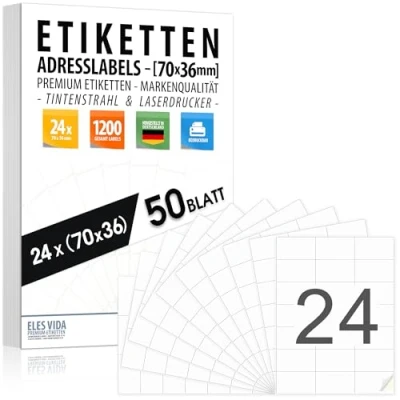 Abbildung von Adressetiketten IN 70x36 mm (50 Blatt 1200 Stück Adressaufkleber) (24 pro DIN A4 Bogen), bedruckbar mit Inkjet und Laserdrucker Aufkleber, Drucker Etiketten MADE GERMANY