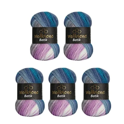 Abbildung von 5 x 100g Wollbiene Batik 500 Gramm Wolle mit Farbverlauf mehrfarbig Multicolor Strickwolle Häkelwolle (2030 blau türkis rose)