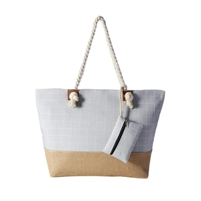 Abbildung von DonDon Strandtasche XXL Familie Badetasche Damen Beach bag groß mit Reißverschluss Karo grau
