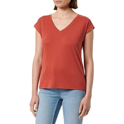 Abbildung von VERO MODA Damen Einfarbiges Stretch T Shirt Basic V Neck Top Oberteil Tief Angesetzte Schultern VMFILLI