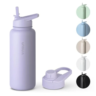 Abbildung von Vinsun Thermosflasche blau 1L Strohhalm, Trinköffnung auslaufsicher, Kohlensäure geeignet, BPA frei isolierte Trinkflasche Edelstahl für Sport, Schule, Fahrrad, Büro, Camping