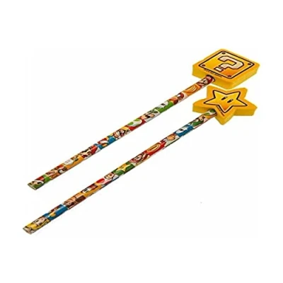 Abbildung von Super Mario 2er Set Zeichenstifte mit Topper (Colour Block Design) Stifte Radiergummi Skizzenstifte, Belistift Offizielles Nintendo Lizenzprodukt
