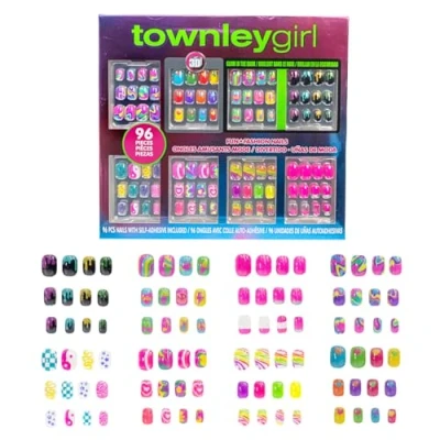 Abbildung von Townley Girl 96 teilige Nägel zum Aufdrücken, einschließlich 3D und im Dunkeln leuchtenden künstlichen falschen Nägeln, Set für Kinder mit vorgeklebtem, vollständig abdeckendem Acrylnagelspitzen Kit