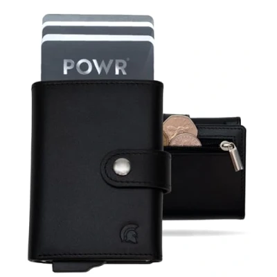 Abbildung von POWR Wallet Herren Metall Kartenhalter Geldbörse mit Münzfach. Schwarzes Vegan Leder RFID für Männer. Minimalistische Brieftasche Kreditkartenhalter