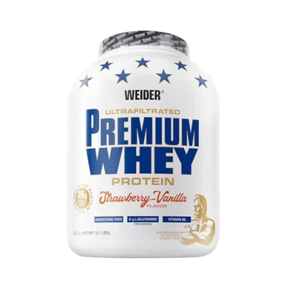 Abbildung von Weider Premium Whey Protein Pulver, unverschämt leckeres Eiweißpulver mit Isolat für Muskelaufbau hohem Anteil an EAA, BCAA und freiem L Glutamin, perfekte Löslichkeit, Erdbeer Vanilla, 2,3kg
